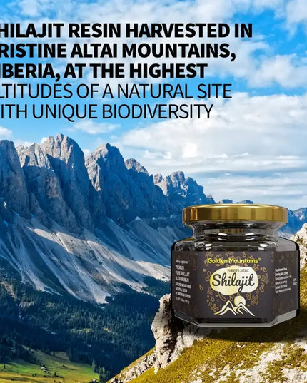Golden Mountains Shilajit Resin is a 100% pure, natural herbal-mineral resin sourced from the high-altitude regions of the Altai Mountains in Siberia, known for its mineral-rich environment and centuries-old traditional use. This premium shilajit is carefully purified using advanced methods to remove impurities, ensuring a high-quality resin packed with naturally occurring fulvic and humic acids, trace minerals, and organic compounds. A measuring spoon and quality certificate are included with each jar for 