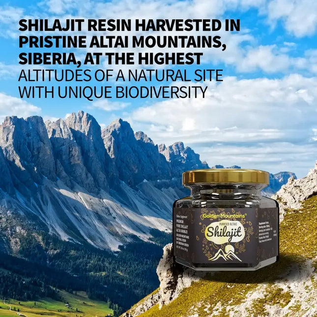 Golden Mountains Shilajit Resin is a 100% pure, natural herbal-mineral resin sourced from the high-altitude regions of the Altai Mountains in Siberia, known for its mineral-rich environment and centuries-old traditional use. This premium shilajit is carefully purified using advanced methods to remove impurities, ensuring a high-quality resin packed with naturally occurring fulvic and humic acids, trace minerals, and organic compounds. A measuring spoon and quality certificate are included with each jar for 