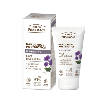 Green Pharmacy Bakuchiol Postbiotics face day cream and packaging on a white background