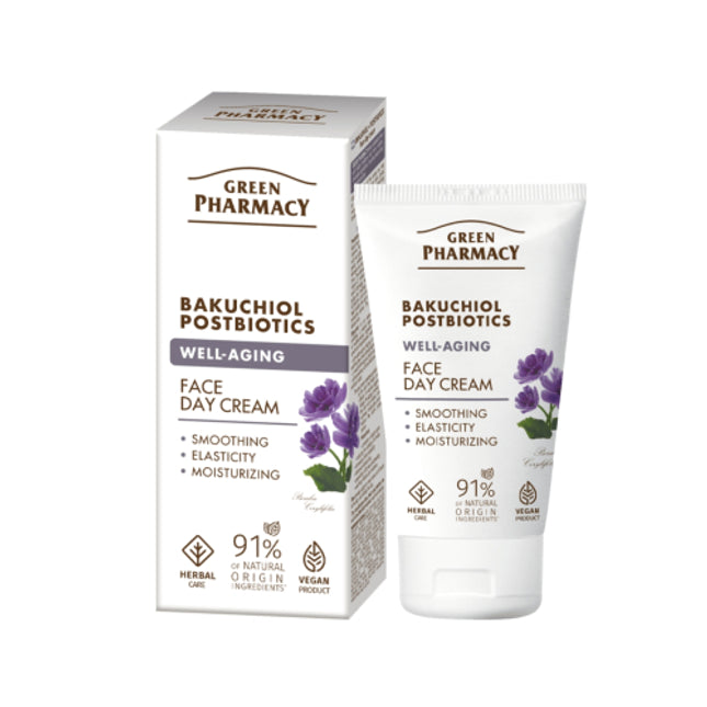 Green Pharmacy Bakuchiol Postbiotics face day cream and packaging on a white background