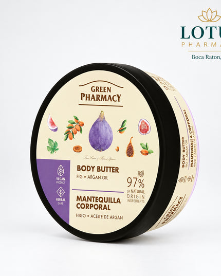 Green Pharmacy Body Butter with Fig &amp; Argan Oil is a rich moisturizing body treatment designed to help soften, nourish, and improve the feel of dry or normal skin. Its silky texture absorbs easily and is intended to leave the skin feeling smooth, comfortable, and supple.