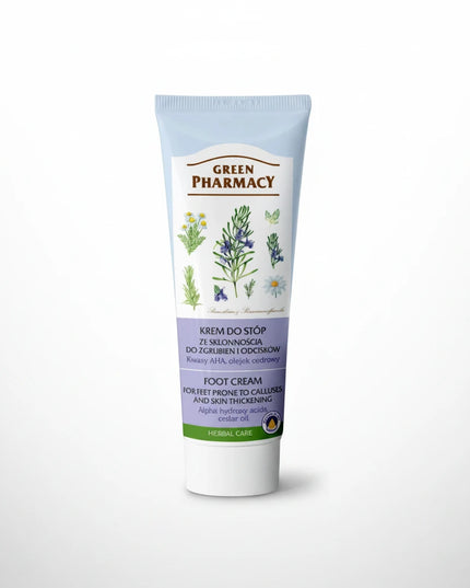Green Pharmacy Foot Cream is a targeted exfoliating and softening treatment designed to help reduce corns, calluses, and rough, thickened skin on the feet. The formula combines AHA acids, salicylic acid, and urea with botanical oils and soothing plant extracts to gently exfoliate dead skin cells while deeply moisturizing and improving skin texture.