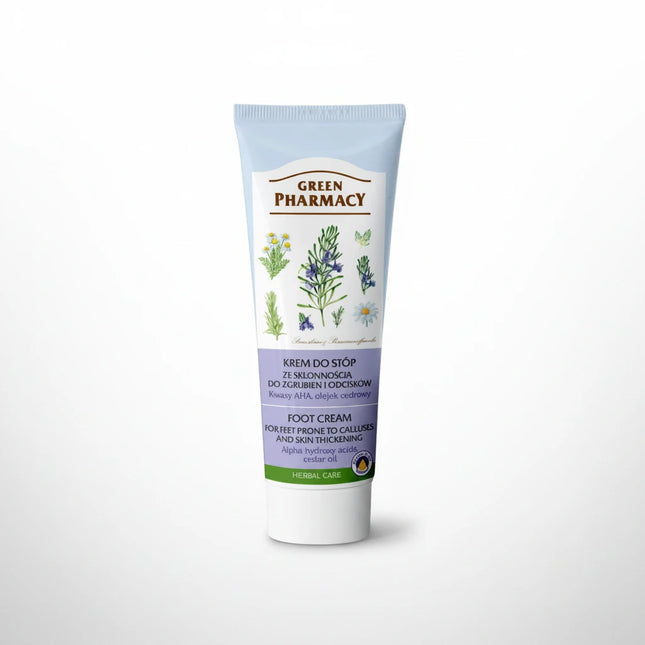 Green Pharmacy Foot Cream is a targeted exfoliating and softening treatment designed to help reduce corns, calluses, and rough, thickened skin on the feet. The formula combines AHA acids, salicylic acid, and urea with botanical oils and soothing plant extracts to gently exfoliate dead skin cells while deeply moisturizing and improving skin texture.