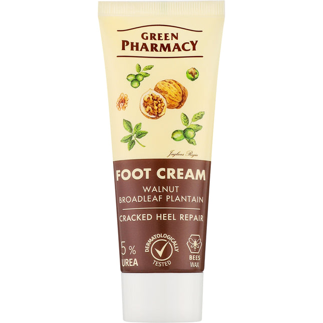 Tube of Green Pharmacy foot cream with walnut and broadleaf plantain on a beige background