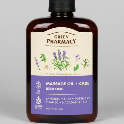Green Pharmacy Massage Oil is a nourishing body and massage oil designed for both professional and at-home massage. Its blend of seven botanical oils—including lavender, ylang-ylang, avocado, orange, rosemary, macadamia, and mint—provides smooth glide during massage while helping leave the skin feeling soft and moisturized.