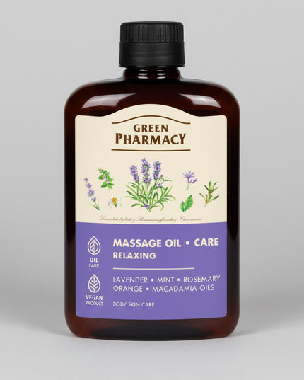 Green Pharmacy Massage Oil is a nourishing body and massage oil designed for both professional and at-home massage. Its blend of seven botanical oils—including lavender, ylang-ylang, avocado, orange, rosemary, macadamia, and mint—provides smooth glide during massage while helping leave the skin feeling soft and moisturized.