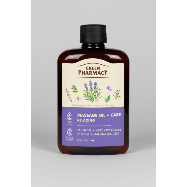 Green Pharmacy Massage Oil is a nourishing body and massage oil designed for both professional and at-home massage. Its blend of seven botanical oils—including lavender, ylang-ylang, avocado, orange, rosemary, macadamia, and mint—provides smooth glide during massage while helping leave the skin feeling soft and moisturized.