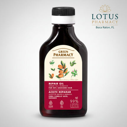 Green Pharmacy Repair Oil with Argan &amp; Burdock is a plant-based hair treatment oil formulated to intensively nourish, strengthen, and restore dry, damaged hair. The combination of argan oil and burdock (arctium lappa) root extract delivers moisture and vital nutrients deep into the hair shaft, supports scalp comfort, and helps improve overall hair condition.