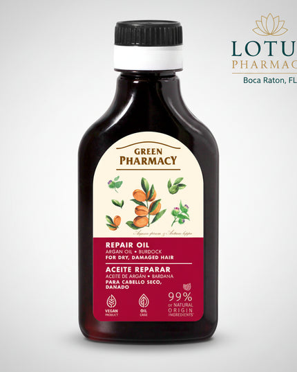 Green Pharmacy Repair Oil with Argan &amp; Burdock is a plant-based hair treatment oil formulated to intensively nourish, strengthen, and restore dry, damaged hair. The combination of argan oil and burdock (arctium lappa) root extract delivers moisture and vital nutrients deep into the hair shaft, supports scalp comfort, and helps improve overall hair condition.