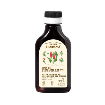 Bottle of Green Pharmacy hair oil on a white background