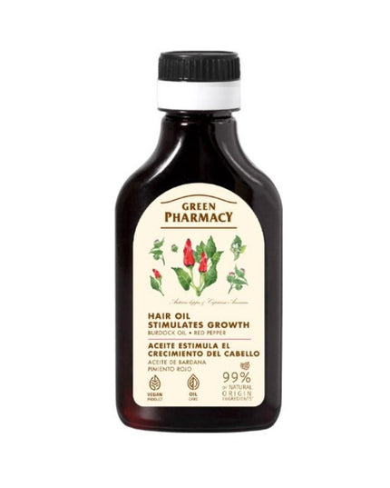 Bottle of Green Pharmacy hair oil on a white background
