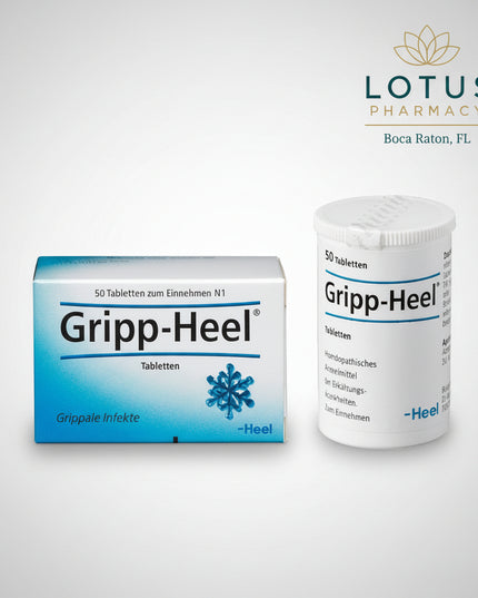 Gripp-Heel® Tablets by Heel are a German homeopathic medicinal product indicated for flu-like infections (grippale Infekte). The formula combines five homeopathic active ingredients: Aconitum napellus, Bryonia, Eupatorium perfoliatum, Lachesis, and Phosphorus.