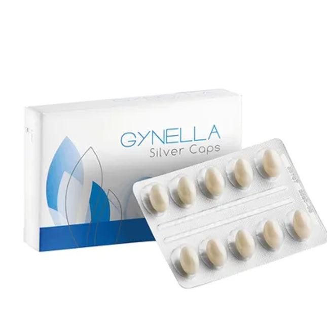 Gynella Silver Caps packaging with tablets on a white background