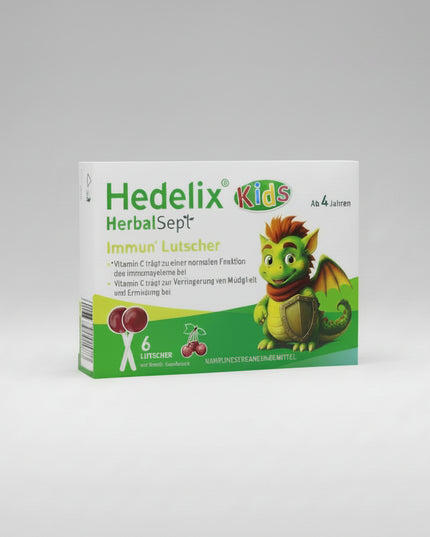 HEDELIX® HerbalSept Kids are child-friendly throat lollipops specially developed for children who are too young to safely use traditional lozenges. The practical lollipop format makes administration easier while helping soothe irritated throats and support moisture in the mouth and pharynx.