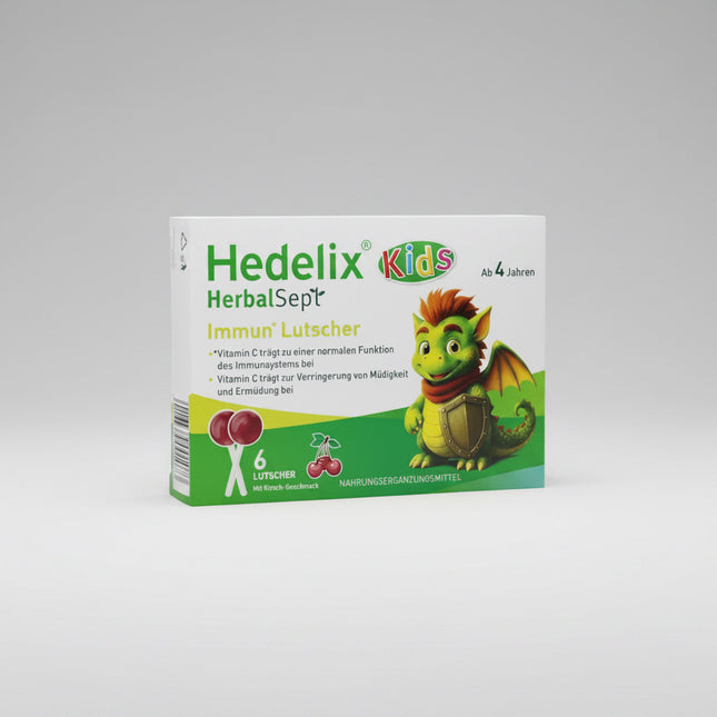 HEDELIX® HerbalSept Kids are child-friendly throat lollipops specially developed for children who are too young to safely use traditional lozenges. The practical lollipop format makes administration easier while helping soothe irritated throats and support moisture in the mouth and pharynx.
