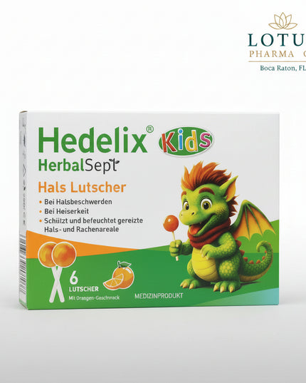 HEDELIX® HerbalSept Kids are child-friendly throat lollipops specially developed for children who are too young to safely use traditional lozenges. The practical lollipop format makes administration easier while helping soothe irritated throats and support moisture in the mouth and pharynx.