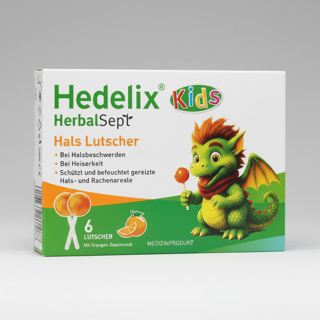 HEDELIX® HerbalSept Kids are child-friendly throat lollipops specially developed for children who are too young to safely use traditional lozenges. The practical lollipop format makes administration easier while helping soothe irritated throats and support moisture in the mouth and pharynx.