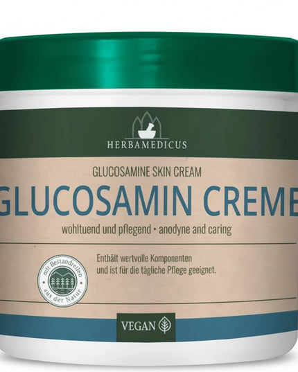 HERBAMEDICUS® Glucosamin Creme is a German herbal massage cream formulated with Glucosamine HCl, Arnica Extract, Olive Oil, Shea Butter, and Camphor to provide soothing care for tired muscles and joints while nourishing the skin. The cream absorbs quickly and is ideal for daily massage of areas exposed to physical activity, stiffness, or overexertion. Its combination of botanical extracts and moisturizing ingredients leaves the skin soft, refreshed, and comfortable.
