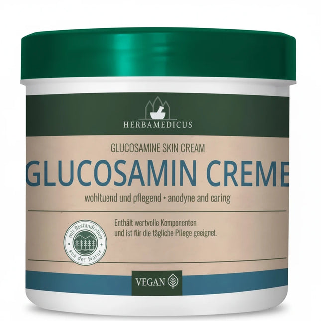 HERBAMEDICUS® Glucosamin Creme is a German herbal massage cream formulated with Glucosamine HCl, Arnica Extract, Olive Oil, Shea Butter, and Camphor to provide soothing care for tired muscles and joints while nourishing the skin. The cream absorbs quickly and is ideal for daily massage of areas exposed to physical activity, stiffness, or overexertion. Its combination of botanical extracts and moisturizing ingredients leaves the skin soft, refreshed, and comfortable.