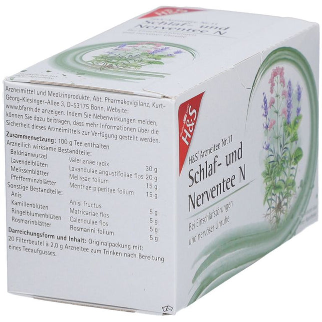 Box of H&S Schlaf- und Nerventee N herbal tea with botanical illustrations on a white background