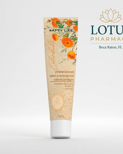 Happy Life Natural Care Cream is a gentle herbal skin-care cream designed for dry, sensitive, irritated, and easily reddened skin. It is available in two separate botanical variants: Calendula and Chamomile.