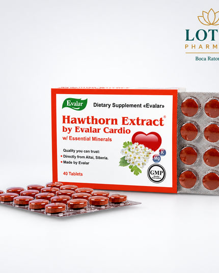 Evalar Hawthorn Extract is a cardiovascular wellness supplement combining hawthorn flower and leaf extract with potassium and magnesium. The formula is designed to support normal heart function, circulation, and healthy heart rhythm as part of a daily wellness routine.