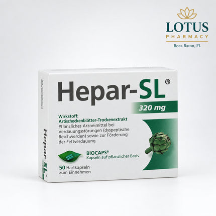 Hepar-SL 320 mg is a German herbal medicine containing 320 mg dry extract of artichoke leaves per hard capsule. It is used for dyspeptic digestive complaints, particularly those associated with functional disturbances of the biliary system.