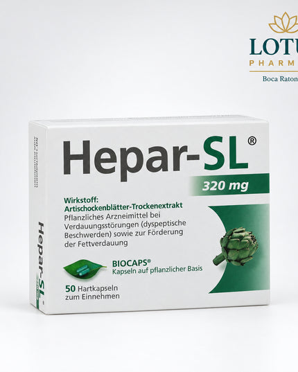 Hepar-SL 320 mg is a German herbal medicine containing 320 mg dry extract of artichoke leaves per hard capsule. It is used for dyspeptic digestive complaints, particularly those associated with functional disturbances of the biliary system.