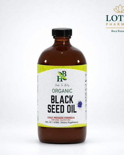 Herb To Body Organic Black Seed Oil is a cold-pressed, certified organic oil made from Nigella sativa seeds. The oil has a naturally dark amber color, a bold peppery-earthy aroma, and a slightly bitter, herbaceous flavor. It is unrefined and made without solvents, synthetic additives, or pesticides.