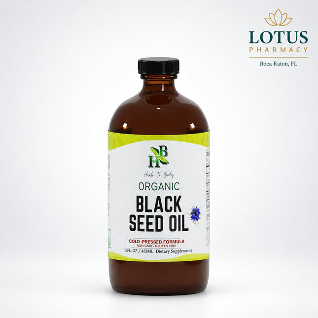 Herb To Body Organic Black Seed Oil is a cold-pressed, certified organic oil made from Nigella sativa seeds. The oil has a naturally dark amber color, a bold peppery-earthy aroma, and a slightly bitter, herbaceous flavor. It is unrefined and made without solvents, synthetic additives, or pesticides.