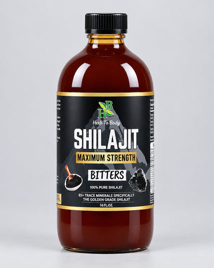Herb To Body Shilajit Bitter is a liquid herbal tonic made with Himalayan shilajit and a broad blend of traditional botanicals. It has a naturally strong, earthy, bitter flavor and is designed for customers who prefer a ready-to-use liquid format rather than resin, powder, or capsules. The manufacturer describes the shilajit as wildcrafted from Himalayan regions and naturally rich in fulvic acid and trace minerals.