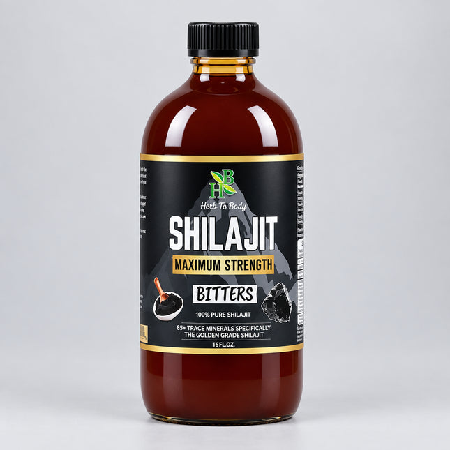 Herb To Body Shilajit Bitter is a liquid herbal tonic made with Himalayan shilajit and a broad blend of traditional botanicals. It has a naturally strong, earthy, bitter flavor and is designed for customers who prefer a ready-to-use liquid format rather than resin, powder, or capsules. The manufacturer describes the shilajit as wildcrafted from Himalayan regions and naturally rich in fulvic acid and trace minerals.