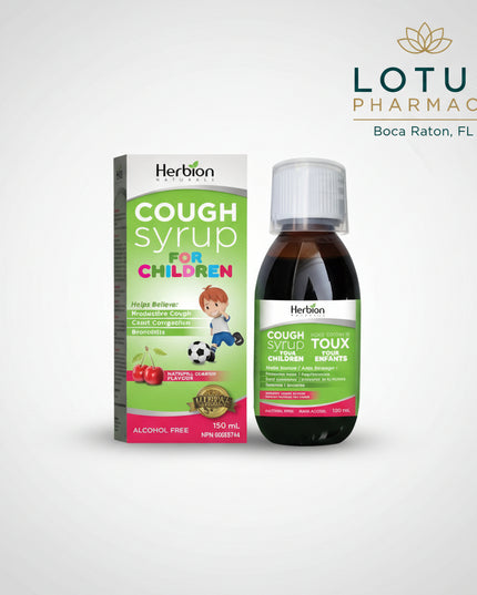 Herbion Naturals Children’s Cough Syrup is an all-natural, plant-based cough and throat comfort syrup formulated with real honey and natural cherry flavor. It is designed to support respiratory comfort and soothing relief for children’s coughs and irritated throats while helping to clear bronchial passages.