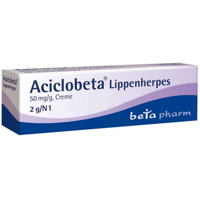 Aciclobeta Lippenherpes cream packaging with Beta Pharm branding on a white background