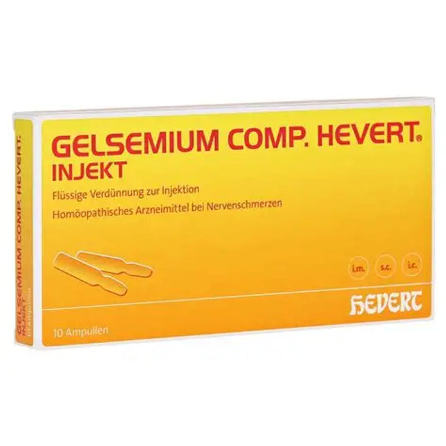 Yellow box of Gelsemium Comp. Hevert with red text on a white background