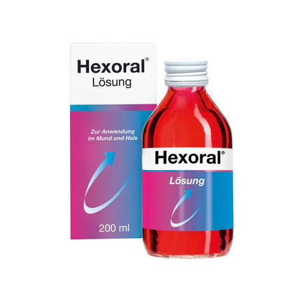 Hexoral solution bottle and packaging on a white background