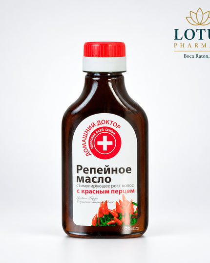 Home Doctor Burdock Oil for Hair Growth is a Ukrainian hair-care oil formulated with burdock extract and red pepper resin. It is designed to support care for weak hair and stimulate the scalp as part of a regular hair-growth routine. The product is made in Ukraine and comes in a 100 mL bottle.