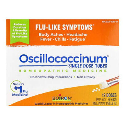 Boiron Oscillococcinum is a homeopathic medicine in convenient single-dose tubes of quick-dissolving pellets. It is labeled for the temporary relief of flu-like symptoms such as body aches, headache, fever, chills, and fatigue. The pellets dissolve in the mouth and are intended for adults and children 2 years of age and older. Each box contains 12 individual doses, with each dose supplied in a 0.04 oz / 1 g tube. The product is non-drowsy, non-habit forming, and contains no artificial sweeteners, flavors, c