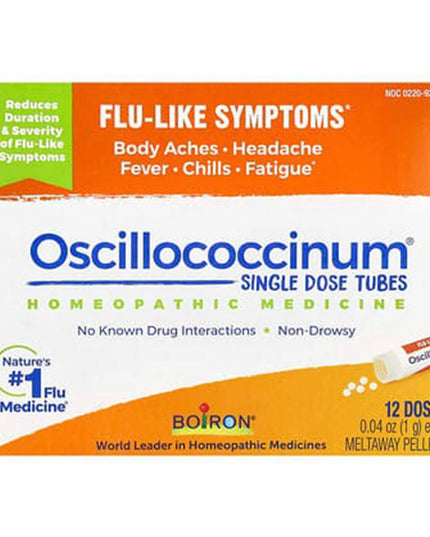 Boiron Oscillococcinum is a homeopathic medicine in convenient single-dose tubes of quick-dissolving pellets. It is labeled for the temporary relief of flu-like symptoms such as body aches, headache, fever, chills, and fatigue. The pellets dissolve in the mouth and are intended for adults and children 2 years of age and older. Each box contains 12 individual doses, with each dose supplied in a 0.04 oz / 1 g tube. The product is non-drowsy, non-habit forming, and contains no artificial sweeteners, flavors, c