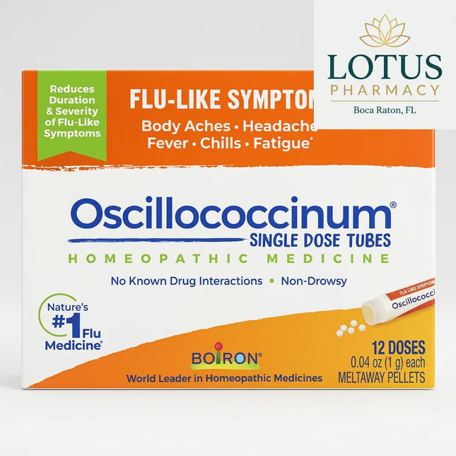 Boiron Oscillococcinum is a homeopathic medicine in convenient single-dose tubes of quick-dissolving pellets. It is labeled for the temporary relief of flu-like symptoms such as body aches, headache, fever, chills, and fatigue. The pellets dissolve in the mouth and are intended for adults and children 2 years of age and older. Each box contains 12 individual doses, with each dose supplied in a 0.04 oz / 1 g tube. The product is non-drowsy, non-habit forming, and contains no artificial sweeteners, flavors, c