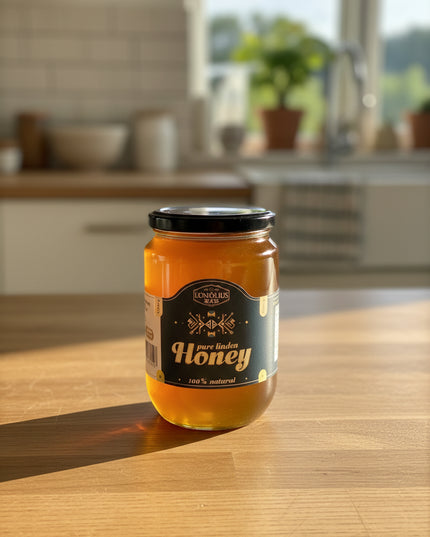 Jar of honey on a wooden table with a kitchen background