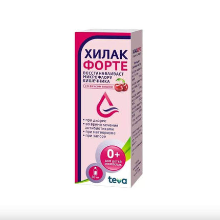 Packaging of HYLAK FORTE 30ML, primarily in pink and white colors with text and branding.