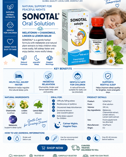 Melatonin + Chamomile, Linden & Lemon Balm for Children’s Sleep & Relaxation Support / SONOTAL® Oral Solution – 100 mL