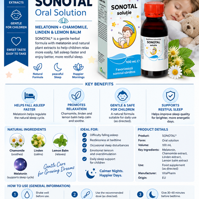 Melatonin + Chamomile, Linden & Lemon Balm for Children’s Sleep & Relaxation Support / SONOTAL® Oral Solution – 100 mL