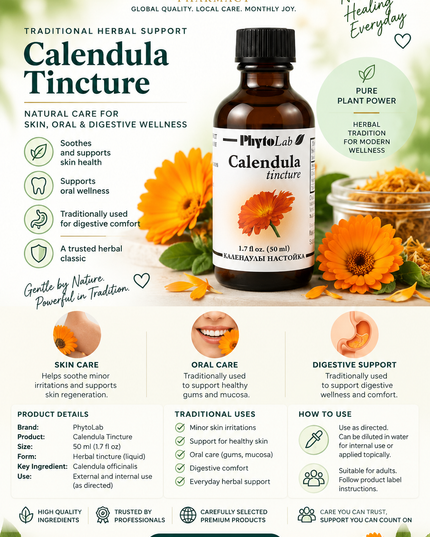 PhytoLab Calendula Tincture – 50 ml | Traditional Herbal Support for Skin, Oral & Digestive Wellness