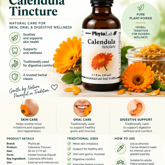 PhytoLab Calendula Tincture – 50 ml | Traditional Herbal Support for Skin, Oral & Digestive Wellness