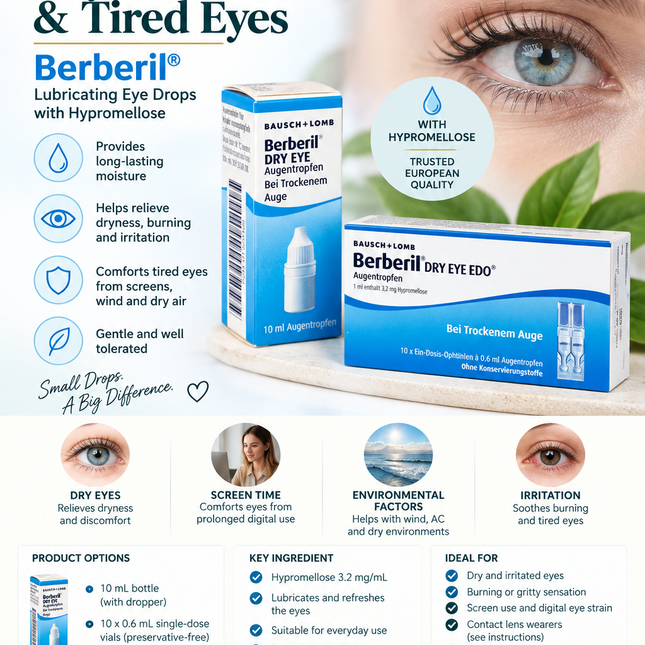 Berberil® Dry Eye Drops – 10 mL / 10 × 0.6 mL | Hypromellose Lubricating Eye Drops for Dry, Burning & Irritated Eyes
