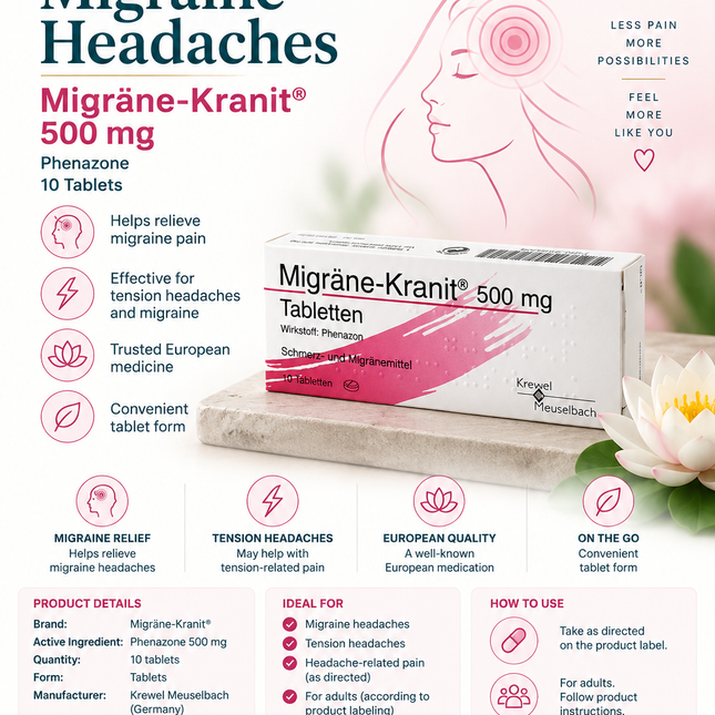 Migraine Relief Tablets – Migräne-Kranit 500 mg Phenazone – 10 Tablets