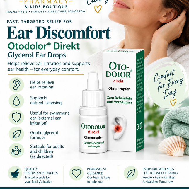 Ear Irritation & Swimmer’s Ear Relief Drops – Otodolor Direkt Glycerol Ear Drops – 7 g