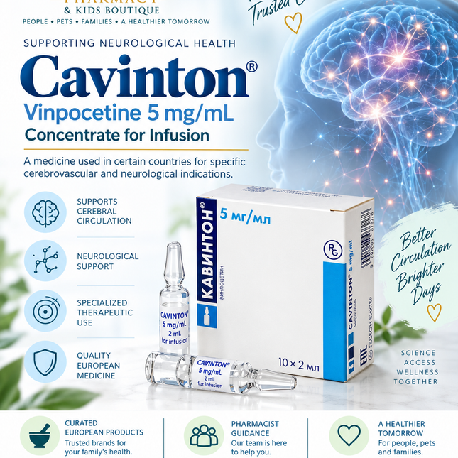 Brain Circulation & Neurological Support – Cavinton 5 mg/mL Vinpocetine Concentrate for Infusion – 2 mL × 10 Ampoules